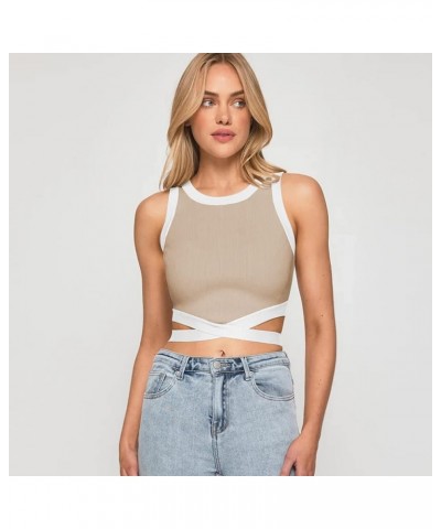 Women's Summer Sexy Crop Tops Crew Neck Sleeveless Tie Back Ribbed Knit Tank Tops Patchwork Slim Basic Crop Tops Apricot $9.6...