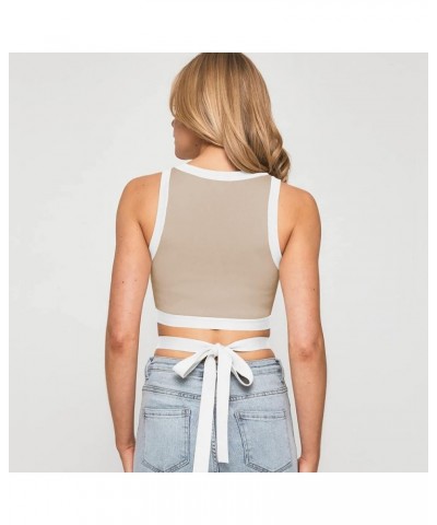 Women's Summer Sexy Crop Tops Crew Neck Sleeveless Tie Back Ribbed Knit Tank Tops Patchwork Slim Basic Crop Tops Apricot $9.6...