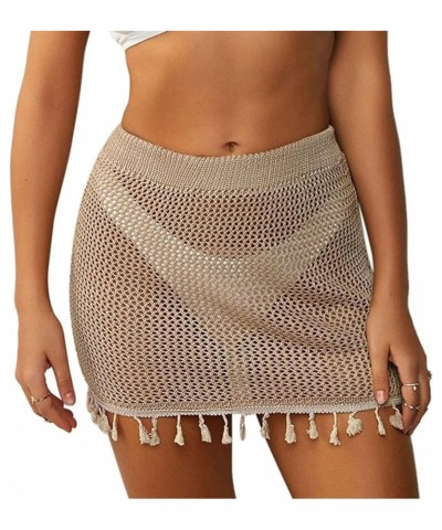 Women's Swimsuit Cover Up Crochet Sheer Short Beach Skirt with Tassels 0-khaki $14.21 Swimsuits