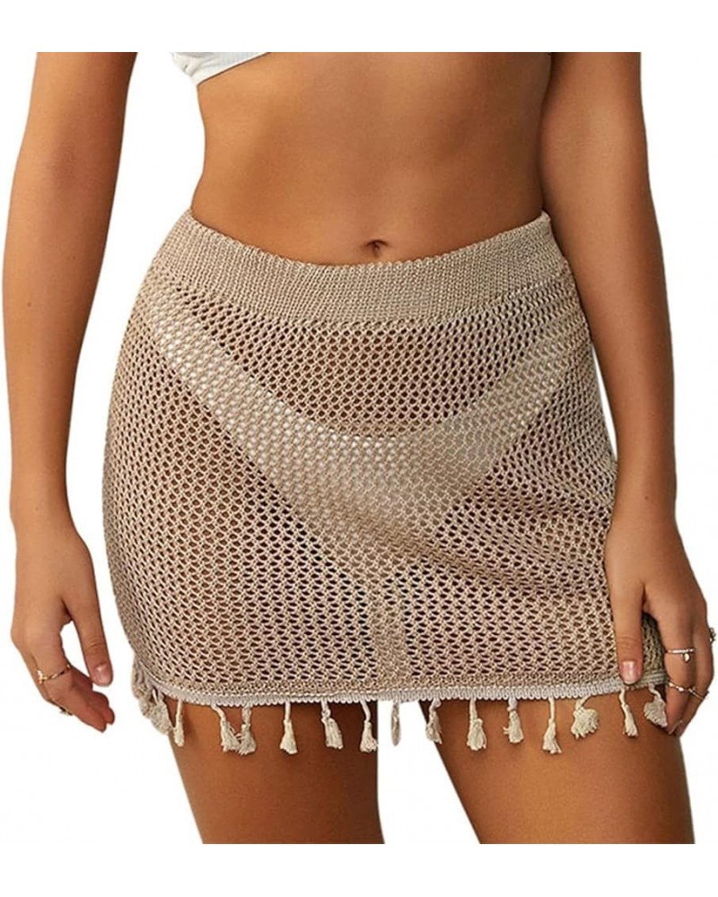 Women's Swimsuit Cover Up Crochet Sheer Short Beach Skirt with Tassels 0-khaki $14.21 Swimsuits