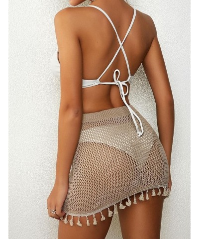 Women's Swimsuit Cover Up Crochet Sheer Short Beach Skirt with Tassels 0-khaki $14.21 Swimsuits