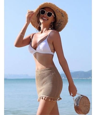 Women's Swimsuit Cover Up Crochet Sheer Short Beach Skirt with Tassels 0-khaki $14.21 Swimsuits