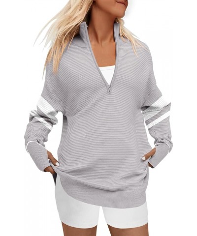 Women's 2023 Trendy Long Sleeve Half Zip V Neck Collared Casual Oversized Ribbed Knit Pullover Sweater Thumb Hole Stripe-grey...