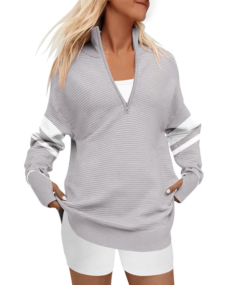 Women's 2023 Trendy Long Sleeve Half Zip V Neck Collared Casual Oversized Ribbed Knit Pullover Sweater Thumb Hole Stripe-grey...