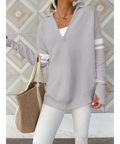 Women's 2023 Trendy Long Sleeve Half Zip V Neck Collared Casual Oversized Ribbed Knit Pullover Sweater Thumb Hole Stripe-grey...