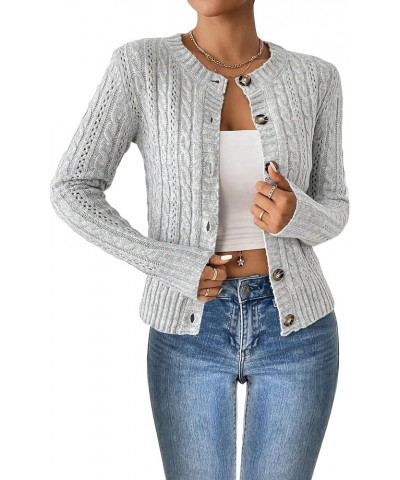 Women's Cable Knit Button Up Long Sleeve Cardigan Crochet Crew Neck Lightweight Sweater Cardigan Grey $15.96 Sweaters