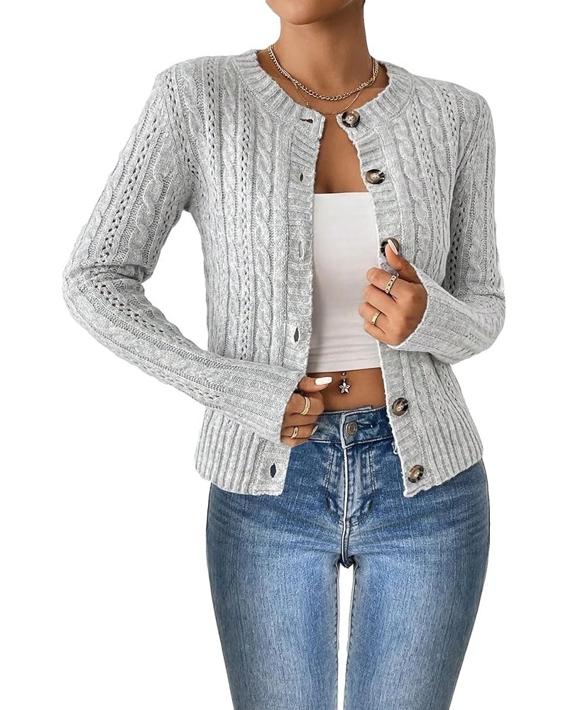 Women's Cable Knit Button Up Long Sleeve Cardigan Crochet Crew Neck Lightweight Sweater Cardigan Grey $15.96 Sweaters