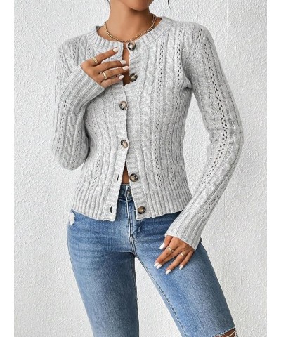 Women's Cable Knit Button Up Long Sleeve Cardigan Crochet Crew Neck Lightweight Sweater Cardigan Grey $15.96 Sweaters