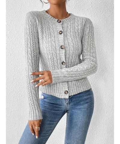 Women's Cable Knit Button Up Long Sleeve Cardigan Crochet Crew Neck Lightweight Sweater Cardigan Grey $15.96 Sweaters