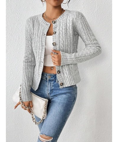 Women's Cable Knit Button Up Long Sleeve Cardigan Crochet Crew Neck Lightweight Sweater Cardigan Grey $15.96 Sweaters