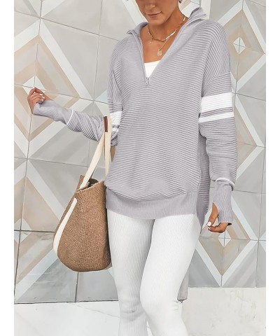 Women's 2023 Trendy Long Sleeve Half Zip V Neck Collared Casual Oversized Ribbed Knit Pullover Sweater Thumb Hole Stripe-grey...