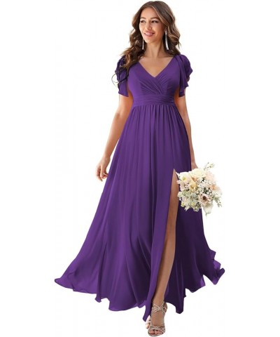 V Neck Flutter Sleeves Bridesmaid Dresses with Slit 2024 Chiffon Aline Pleats Formal Evening Gowns for Women YJ071 Purple $30...