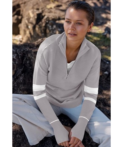 Women's 2023 Trendy Long Sleeve Half Zip V Neck Collared Casual Oversized Ribbed Knit Pullover Sweater Thumb Hole Stripe-grey...