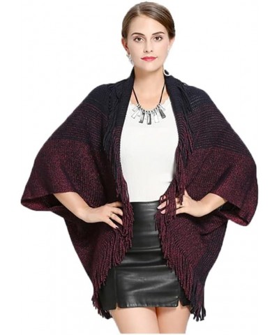 Women Knitted Fringe Cape Shawl Open Front Pullover Warm Flat Wraps For Autumn And Winter Black Red $11.72 Sweaters