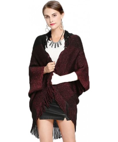 Women Knitted Fringe Cape Shawl Open Front Pullover Warm Flat Wraps For Autumn And Winter Black Red $11.72 Sweaters