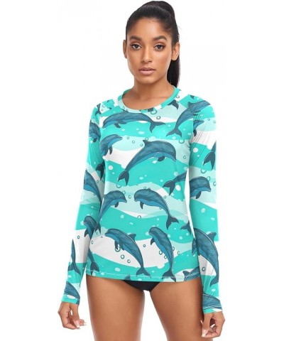 Flock Dolphins Sea Marine Pattern Rash Guard for Women, Long Sleeve Quick Dry Swim Shirts Running UPF 50+ Flock Dolphins Sea ...