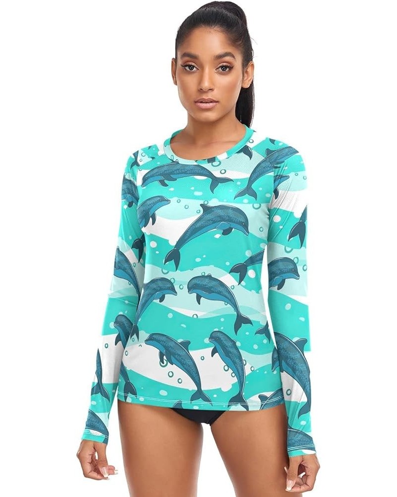 Flock Dolphins Sea Marine Pattern Rash Guard for Women, Long Sleeve Quick Dry Swim Shirts Running UPF 50+ Flock Dolphins Sea ...