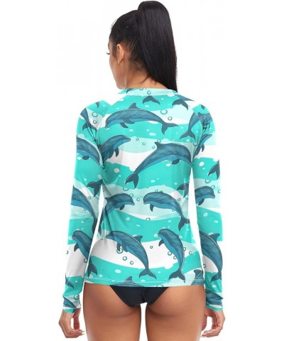 Flock Dolphins Sea Marine Pattern Rash Guard for Women, Long Sleeve Quick Dry Swim Shirts Running UPF 50+ Flock Dolphins Sea ...