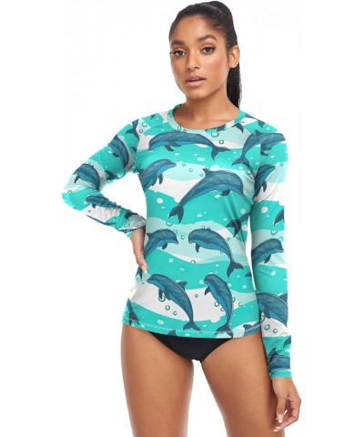 Flock Dolphins Sea Marine Pattern Rash Guard for Women, Long Sleeve Quick Dry Swim Shirts Running UPF 50+ Flock Dolphins Sea ...