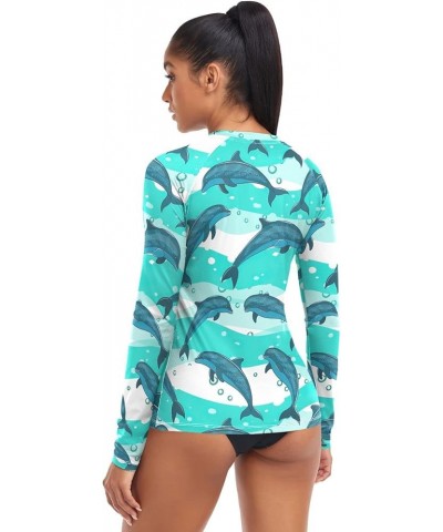 Flock Dolphins Sea Marine Pattern Rash Guard for Women, Long Sleeve Quick Dry Swim Shirts Running UPF 50+ Flock Dolphins Sea ...