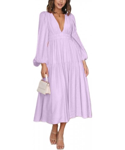 Women Puff Sleeve Maxi Dress Deep V-Neck Smocked Long Dress Sexy Flowy Zipper Back Summer Party Dress Long Sleeve Purple $13....