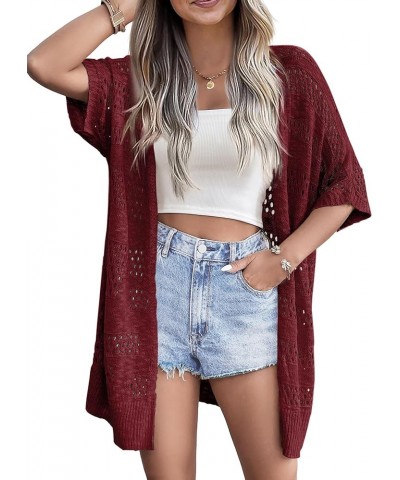 Lightweight Summer Crochet Cardigan for Women Short Sleeve Kimono Boho Oversized Open Front Knitted Cardigan Wine Red $18.13 ...