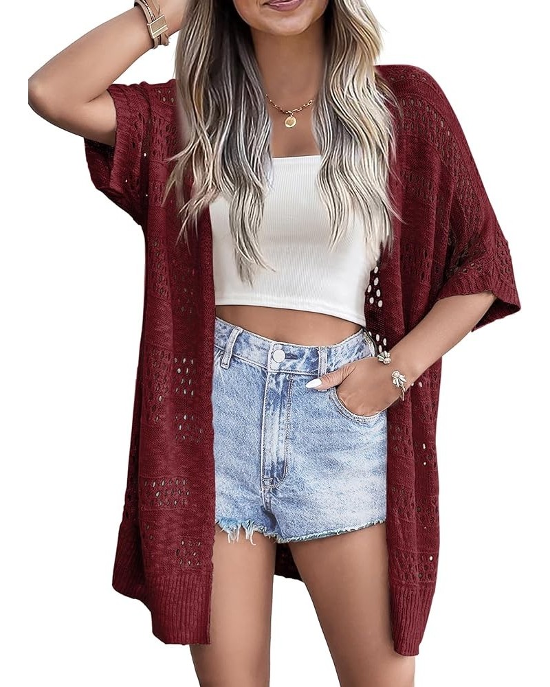 Lightweight Summer Crochet Cardigan for Women Short Sleeve Kimono Boho Oversized Open Front Knitted Cardigan Wine Red $18.13 ...