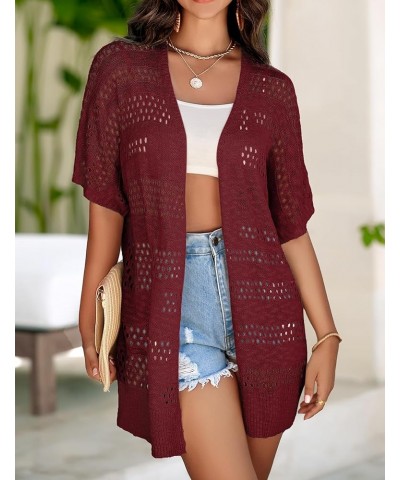 Lightweight Summer Crochet Cardigan for Women Short Sleeve Kimono Boho Oversized Open Front Knitted Cardigan Wine Red $18.13 ...