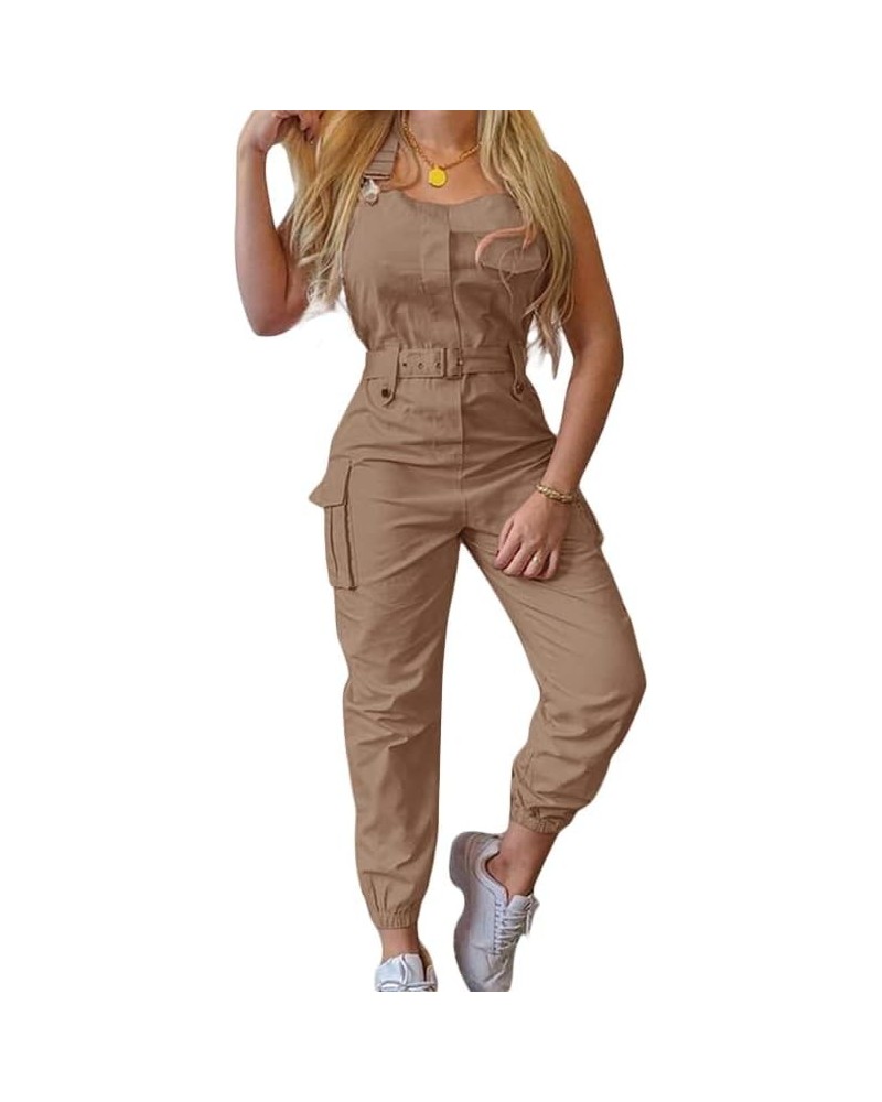 Women Sleeveless Cargo Jumpsuit Pants with Belt Adjustable Strap Overall Jumpsuits One Piece Romper Playsuit Khaki $12.74 Jum...