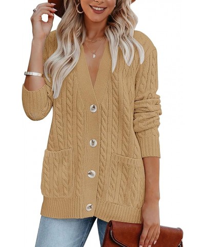 Women's 2024 Long Sleeve Cable Knit Button Cardigan Sweater Open Front Outwear Coat with Pockets Khaki $26.39 Sweaters