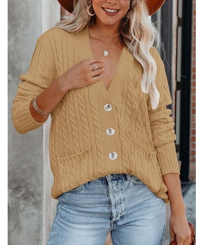 Women's 2024 Long Sleeve Cable Knit Button Cardigan Sweater Open Front Outwear Coat with Pockets Khaki $26.39 Sweaters