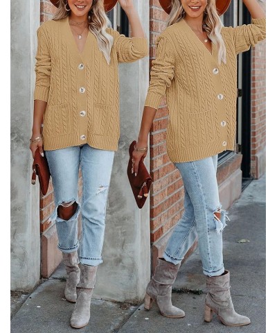 Women's 2024 Long Sleeve Cable Knit Button Cardigan Sweater Open Front Outwear Coat with Pockets Khaki $26.39 Sweaters