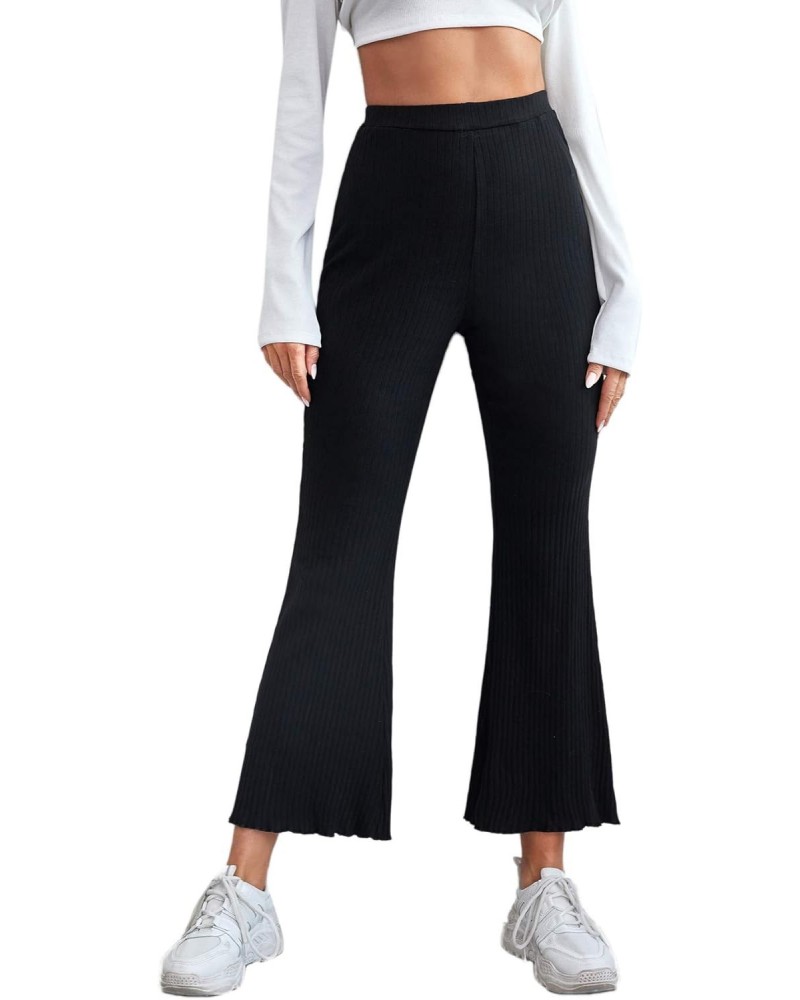 Women's Lettuce Hem High Waist Ribbed Flare Leg Pants Black Cropped XL $13.72 Pants