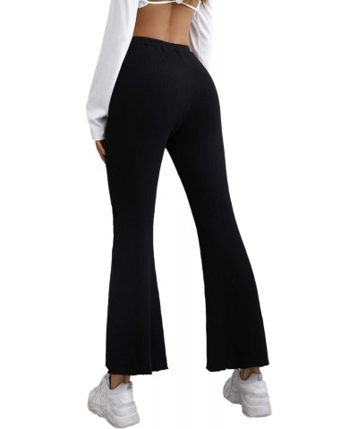 Women's Lettuce Hem High Waist Ribbed Flare Leg Pants Black Cropped XL $13.72 Pants