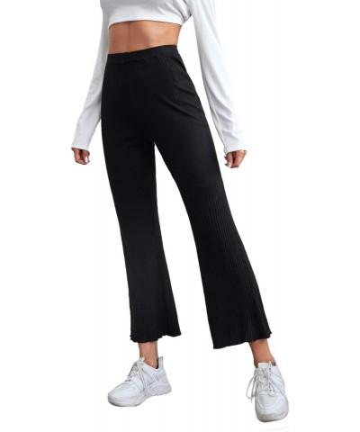 Women's Lettuce Hem High Waist Ribbed Flare Leg Pants Black Cropped XL $13.72 Pants