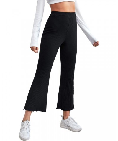 Women's Lettuce Hem High Waist Ribbed Flare Leg Pants Black Cropped XL $13.72 Pants