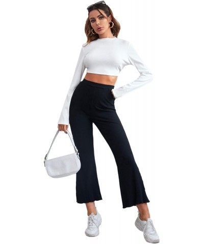 Women's Lettuce Hem High Waist Ribbed Flare Leg Pants Black Cropped XL $13.72 Pants