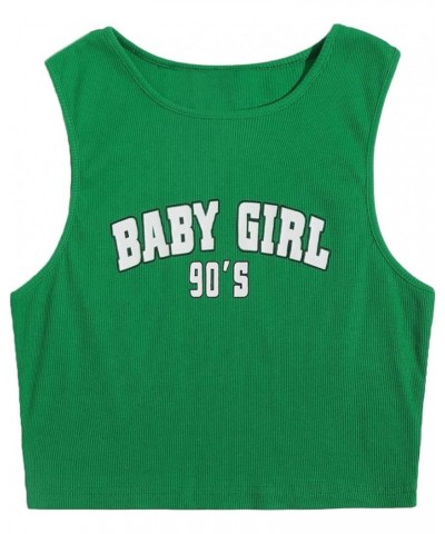 Women's Graphic Print Sleeveless Ribbed Cropped Tank Slim Fit Crop Top Green $9.51 Tanks