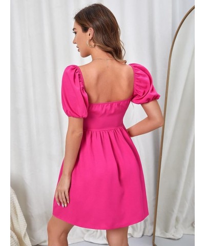 Women's Square Neck Puff Short Sleeve Backless Ruffle Hem A Line Dress Hot Pink $16.77 Dresses