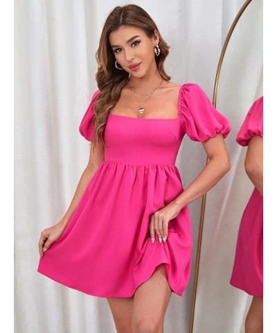 Women's Square Neck Puff Short Sleeve Backless Ruffle Hem A Line Dress Hot Pink $16.77 Dresses