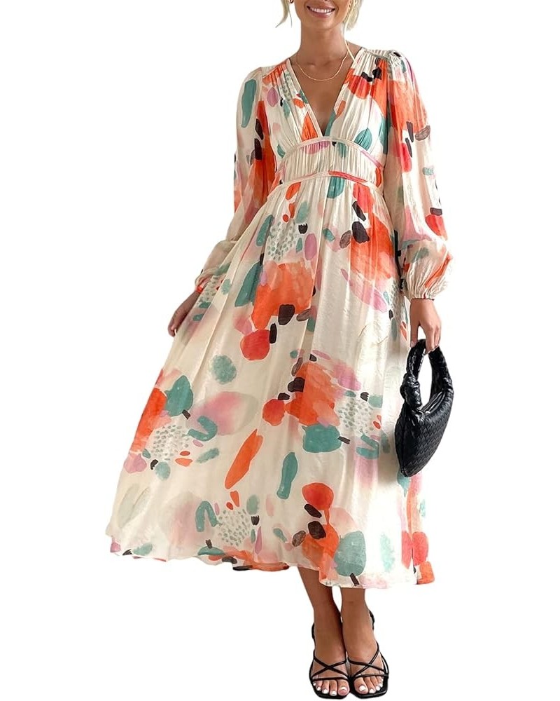 Women's Long Sleeve Boho Dress 2024 Spring Summer Maxi Dress Wedding Guest Casual Long Dress Zprint-red $30.80 Dresses