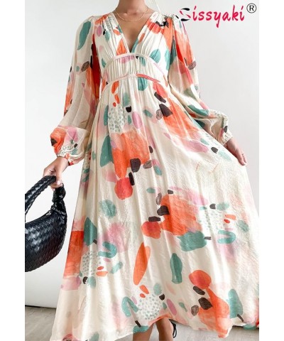 Women's Long Sleeve Boho Dress 2024 Spring Summer Maxi Dress Wedding Guest Casual Long Dress Zprint-red $30.80 Dresses