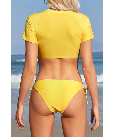 Women's Short Sleeve Bikini Set Sports Crop Bathing Suit Tie Side Cut Out Two Piece Swimsuit Yellow $15.58 Swimsuits