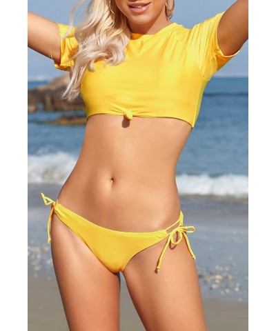 Women's Short Sleeve Bikini Set Sports Crop Bathing Suit Tie Side Cut Out Two Piece Swimsuit Yellow $15.58 Swimsuits