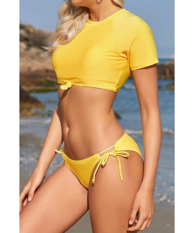 Women's Short Sleeve Bikini Set Sports Crop Bathing Suit Tie Side Cut Out Two Piece Swimsuit Yellow $15.58 Swimsuits