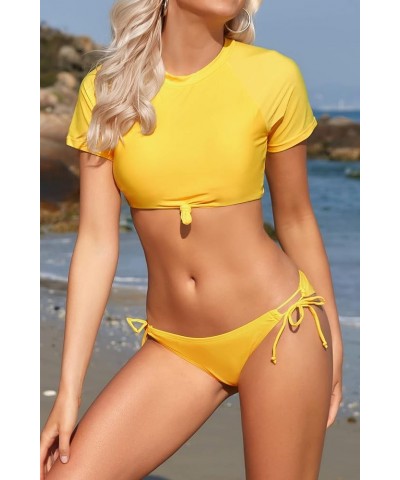 Women's Short Sleeve Bikini Set Sports Crop Bathing Suit Tie Side Cut Out Two Piece Swimsuit Yellow $15.58 Swimsuits