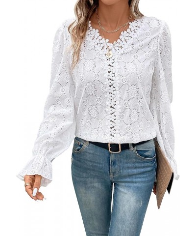 Women's Floral Lace Trim Ruffle V Neck Long Flare Sleeve Solid Blouse Shirts Tops White $11.39 Blouses