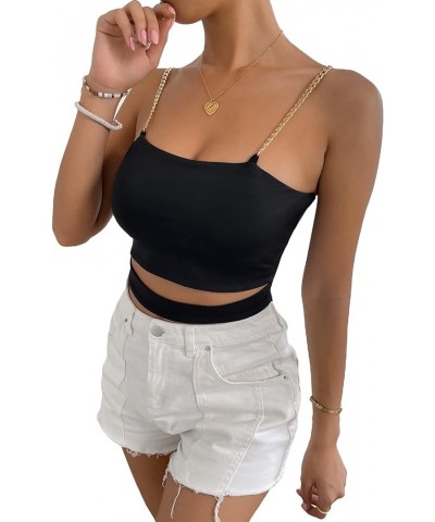 Women's Summer Spaghetti Strap Sleeveless Sexy Rave Cut Out Cami Crop Top Black $11.52 Tanks