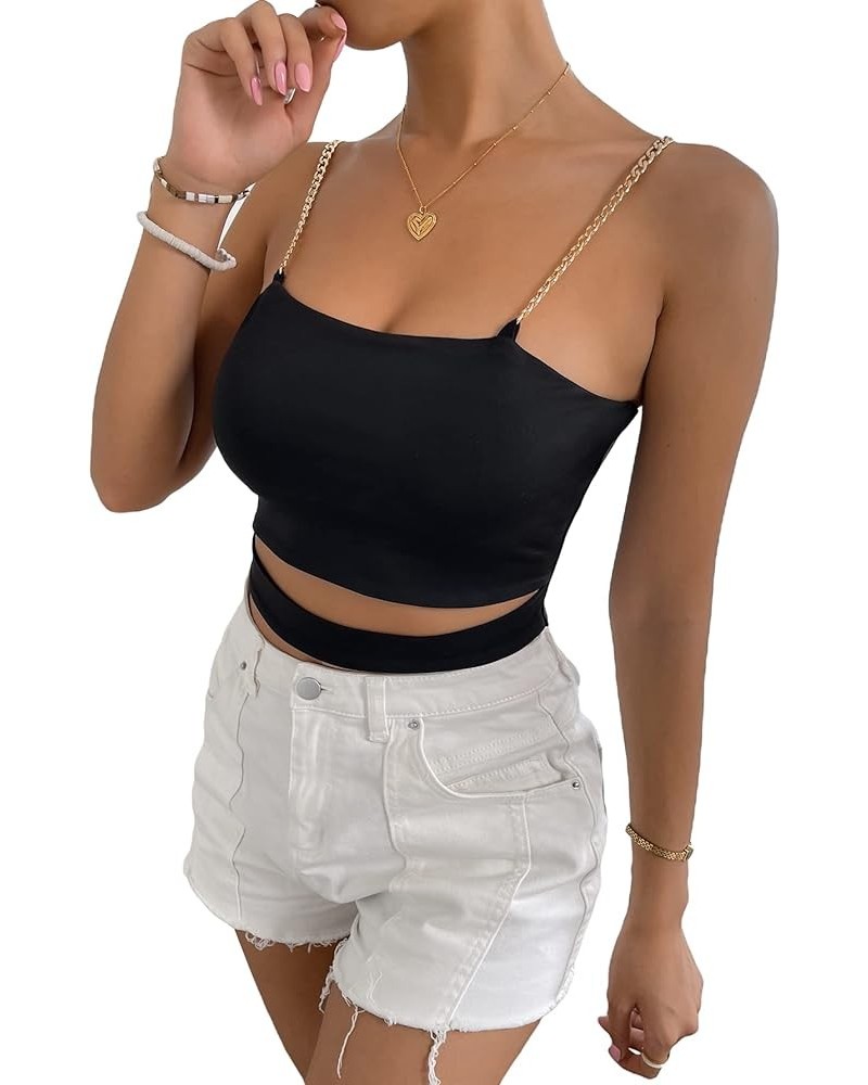 Women's Summer Spaghetti Strap Sleeveless Sexy Rave Cut Out Cami Crop Top Black $11.52 Tanks