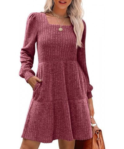 Womens Square Neck Long Sleeve Fall Dresses Casual Babydoll Sweater Dress 01-hot Pink $16.45 Dresses